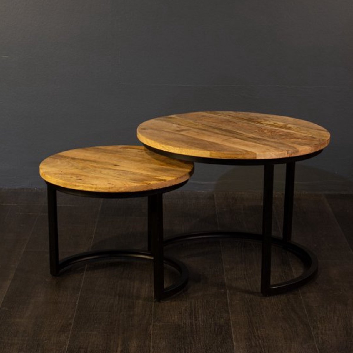 Salontafel Set van 2 Rond – Mangohout – Industrieel – 55cm x 55cm x 40 cm
