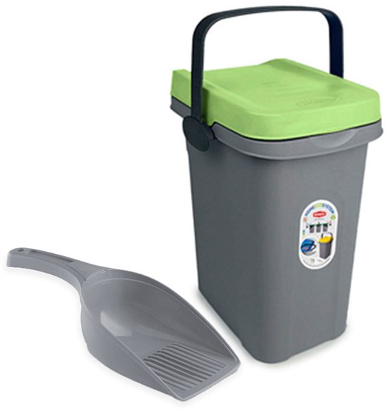 Tonneau avec couvercle - Tonneau d'alimentation avec pelle - Tonneau de stockage - 7 litres - Vert