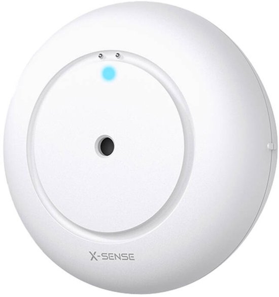 Witte X-Sense watermelder met een blauw indicatorlampje en een centraal gat.