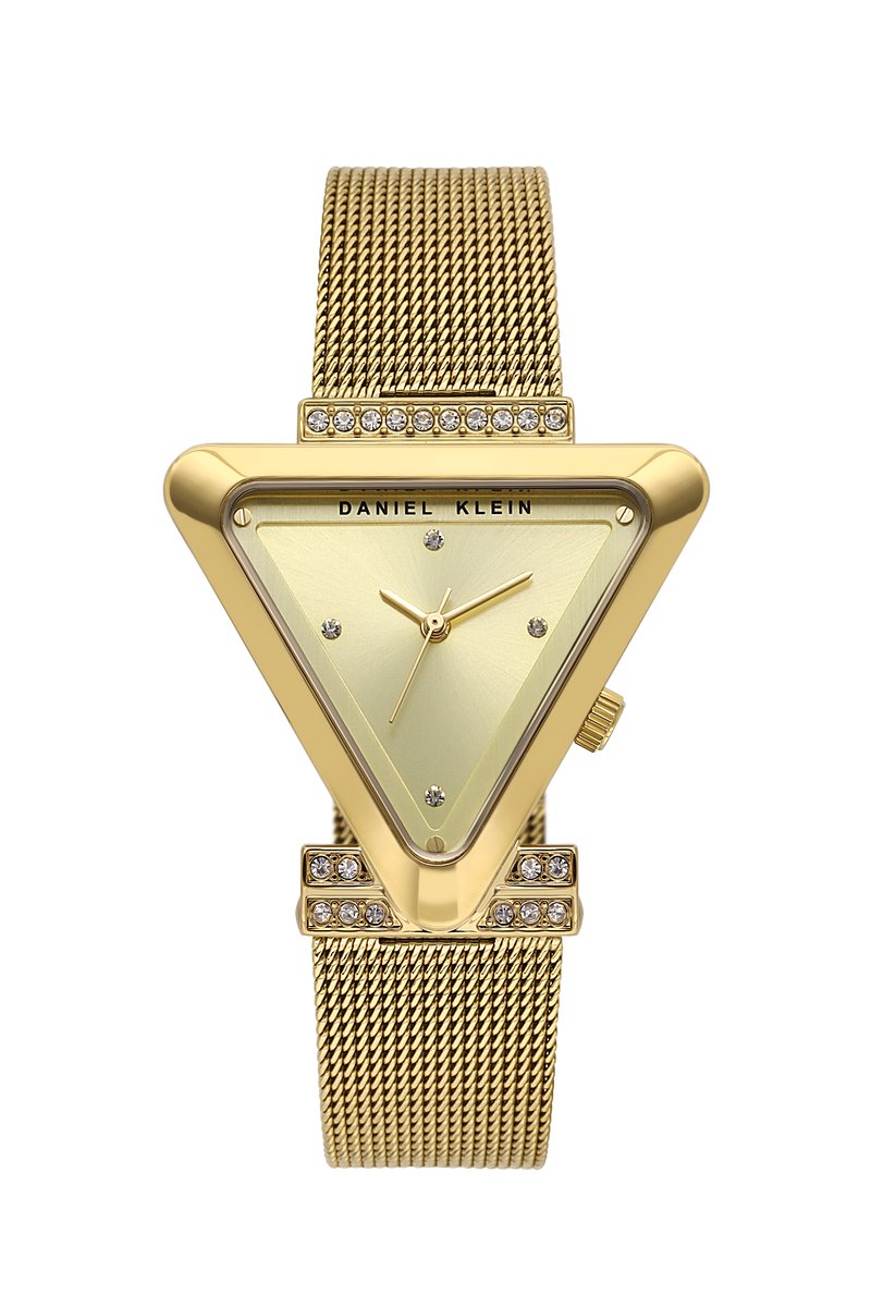 Daniel Klein DK.1.13963-3- Horloge - Polshorloge - Analoog - Vrouwen - Dames - Milanese-Mesh stalen band - Driehoek - Metaal - Stippen - Goudkleurig - Briljant