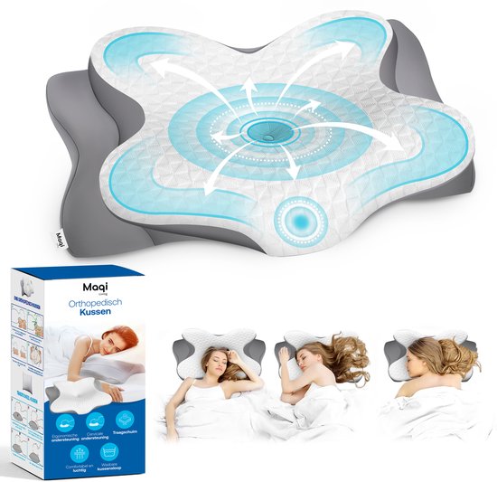 Maqi Living® Hoofdkussen Memory Foam voor Nekklachten – Orthopedisch & Ergonomisch kussen - Geschikt voor rug-, zij- en buikslapers - Traagschuim - Grijs/wit