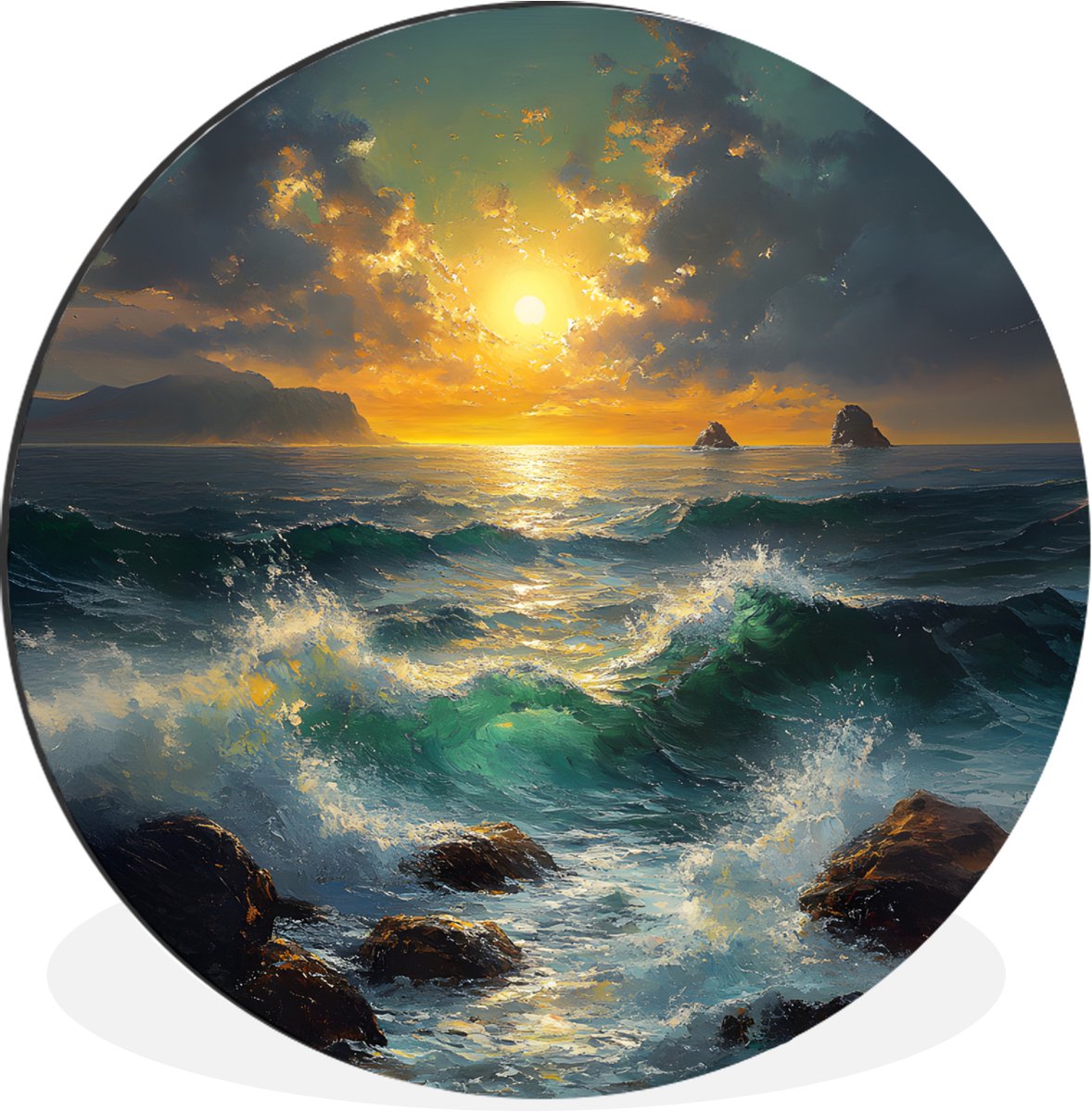 WallCircle Wandcirkel - Muurcirkel - Zee - Zon - Golven - Rotsen - Aluminium - Dibond - 90x90 cm - Binnen en Buiten