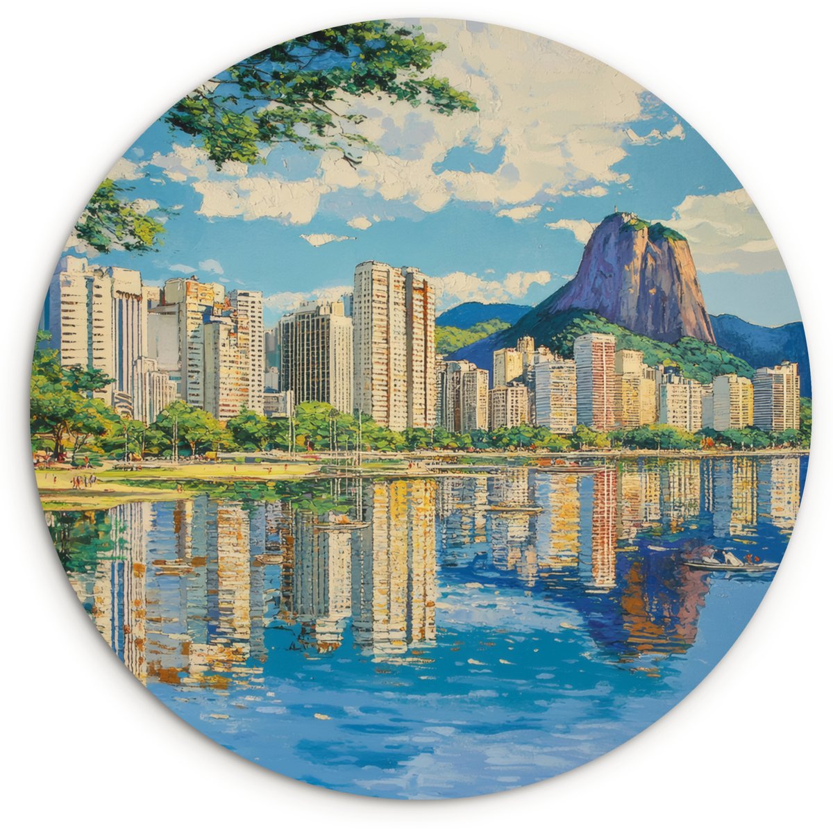 WallCircle Wandcirkel 90x90 cm - Muurcirkel Berg - Skyline - Strand - Water - Muurdecoratie woonkamer - Wanddecoratie slaapkamer - Kamer decoratie accessoires - Ronde schilderijen Berg - Gebouwen