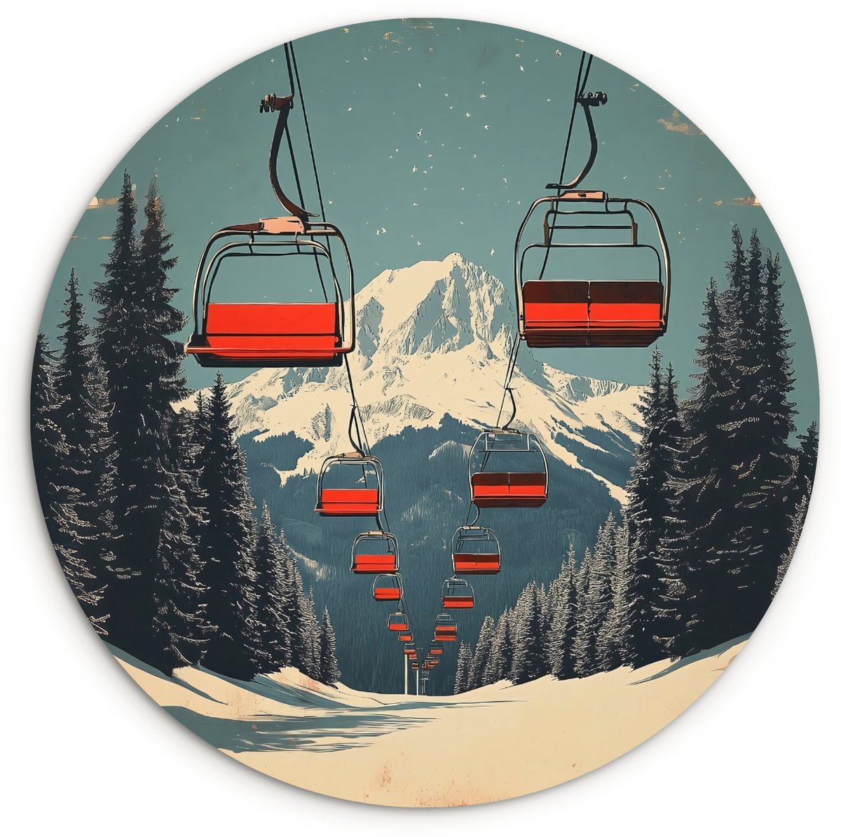 WallCircle Wandcirkel 90x90 cm - Muurcirkel Sneeuw - Skilift - Rood - Bomen - Muurdecoratie woonkamer - Wanddecoratie slaapkamer - Kamer decoratie accessoires - Ronde schilderijen Skilift - Bergen - Sneeuw