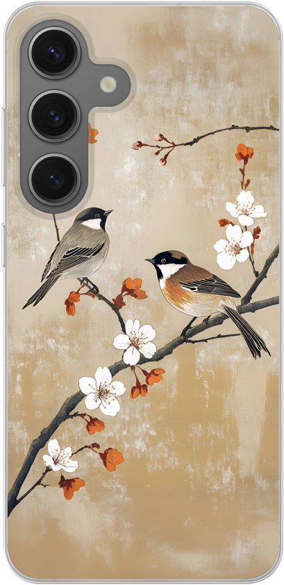 Coque de téléphone avec un fond brun représentant deux oiseaux sur une branche fleurie aux fleurs blanches et baies oranges.