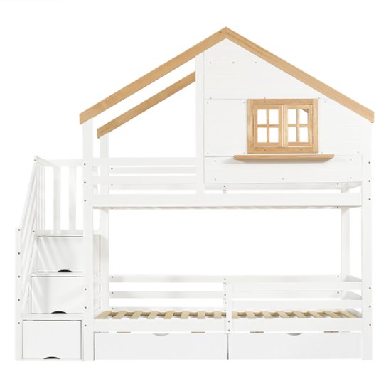 Homestyle4u Kinderbed stapelbed 2 kinderen 90x200 en 140x200 met lattenbodem en 2 matrassen, hoogslaper wit hout grenen | Artikel 2064
