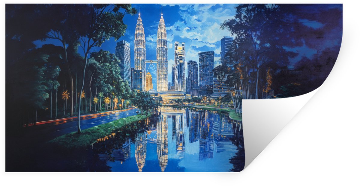 Muurstickers - Sticker Folie - Stad Kuala Lumpur - Skyline - Wolkenkrabbers - Water - 40x2