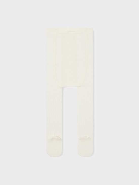 Crèmekleurige panty met ribbelpatroon, platliggend.