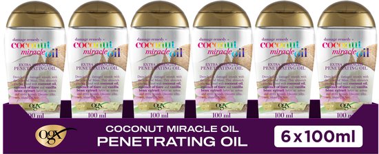 OGX Coconut Miracle Oil Extra Strength Haarolie - Hydraterende Kokosolie voor Droog & Beschadigd Haar - Temt Pluizig Haar & Geeft Glans - 6x100 ml
