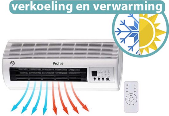 Profile Koelventilator & Keramische Kachel Spica - Aircooler & Verwarming - 1000/2000W - Voor 15m² - 3 Standen - Wandmodel met LED Display, Timer & Afstandsbediening