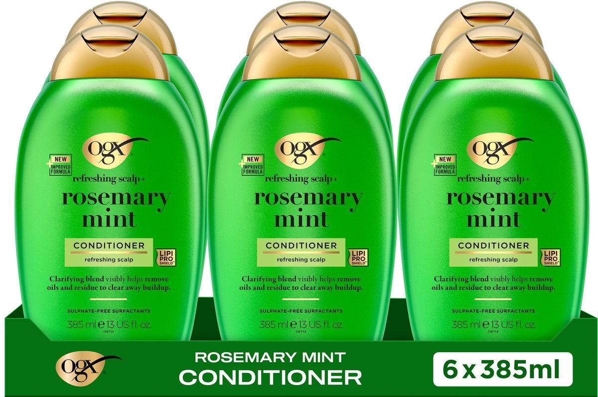 OGX Rosemary Mint Conditioner, Verhelderend, Verwijdert Oliën & Residuen, Sulfaatvrij, Lipi Pro Shield Technologie, Gezond Uitziend Haar, 6x385 ml