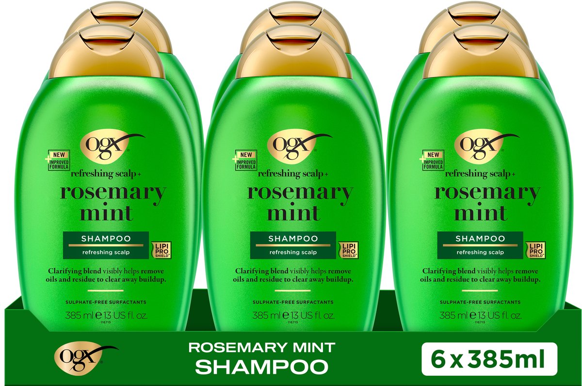 OGX Rosemary Mint Shampoo, Verhelderend, Verwijdert Oliën & Residuen, Sulfaatvrij, Lipi Pro Shield™ Technologie, Gezond Uitziend Haar, 6x385 ml