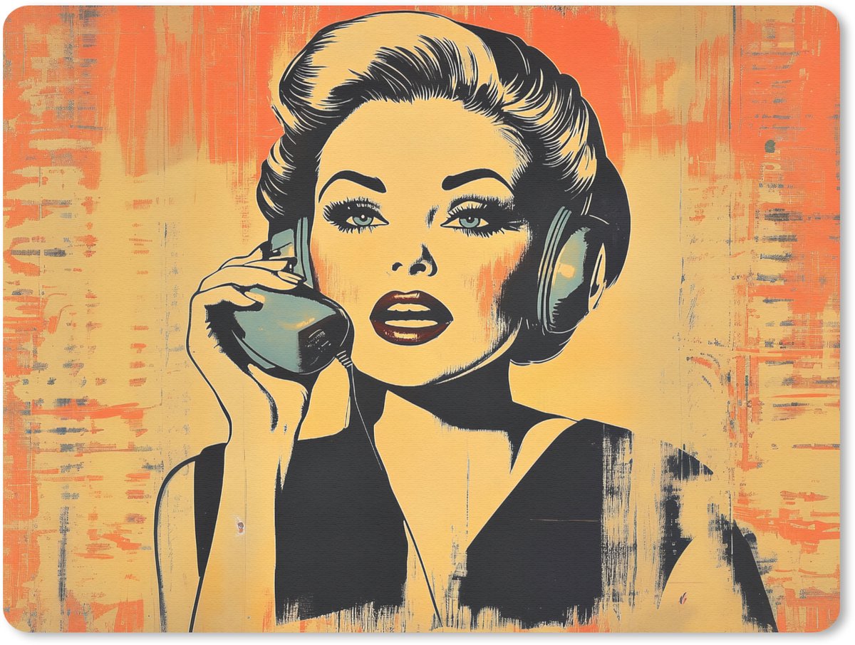 Muismat 23x19 cm - Mousepad Retro - Vrouw - Koptelefoon - Oranje - Muismatten