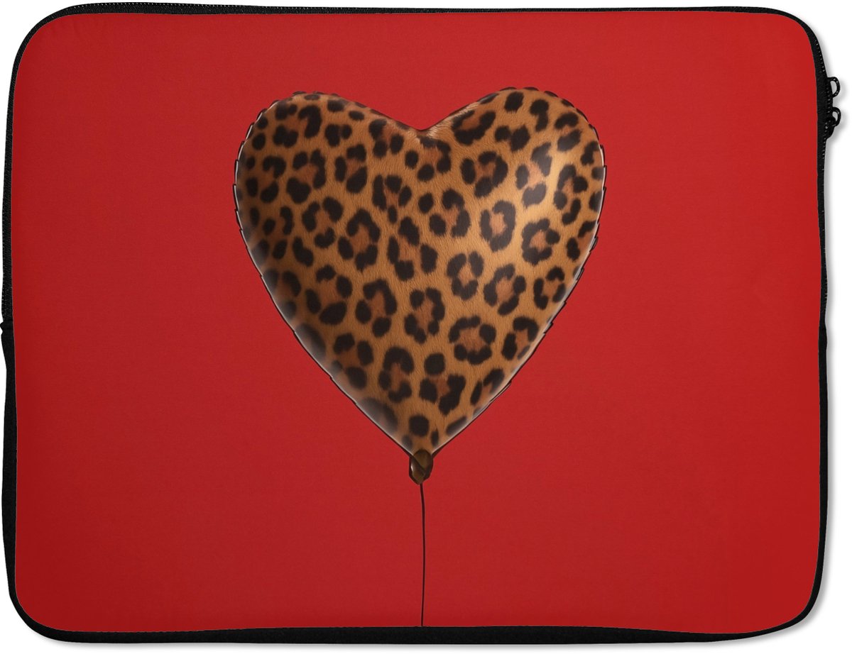 Laptophoes 15.6 inch - Ballon - Hartvormig - Rood - Panterpatroon - Laptop sleeve - Binnenmaat 37x26 cm - Zwarte achterkant