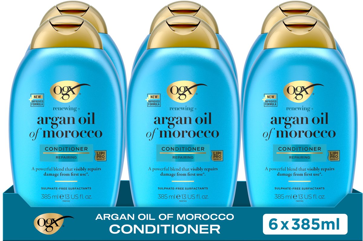 OGX Argan Oil of Morocco Conditioner, Arganolie, Sulfaatvrij, Herstelt Glans & Sterkte, Voor Droog & Futloos Haar, Lichtgewicht Formule, 6x385 ml