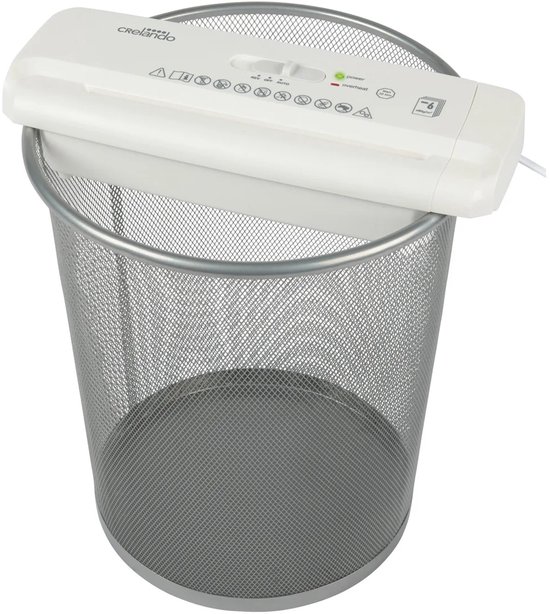 Crelando Opzet Papiervernietiger Wit - Uittrekbare telescooparm voor ronde of hoekige prullenbakken - Snijtype: strip-cut - Snijcapaciteit: max. 6 vel A4 (80 g/m²) - Automatische start/stop-functie