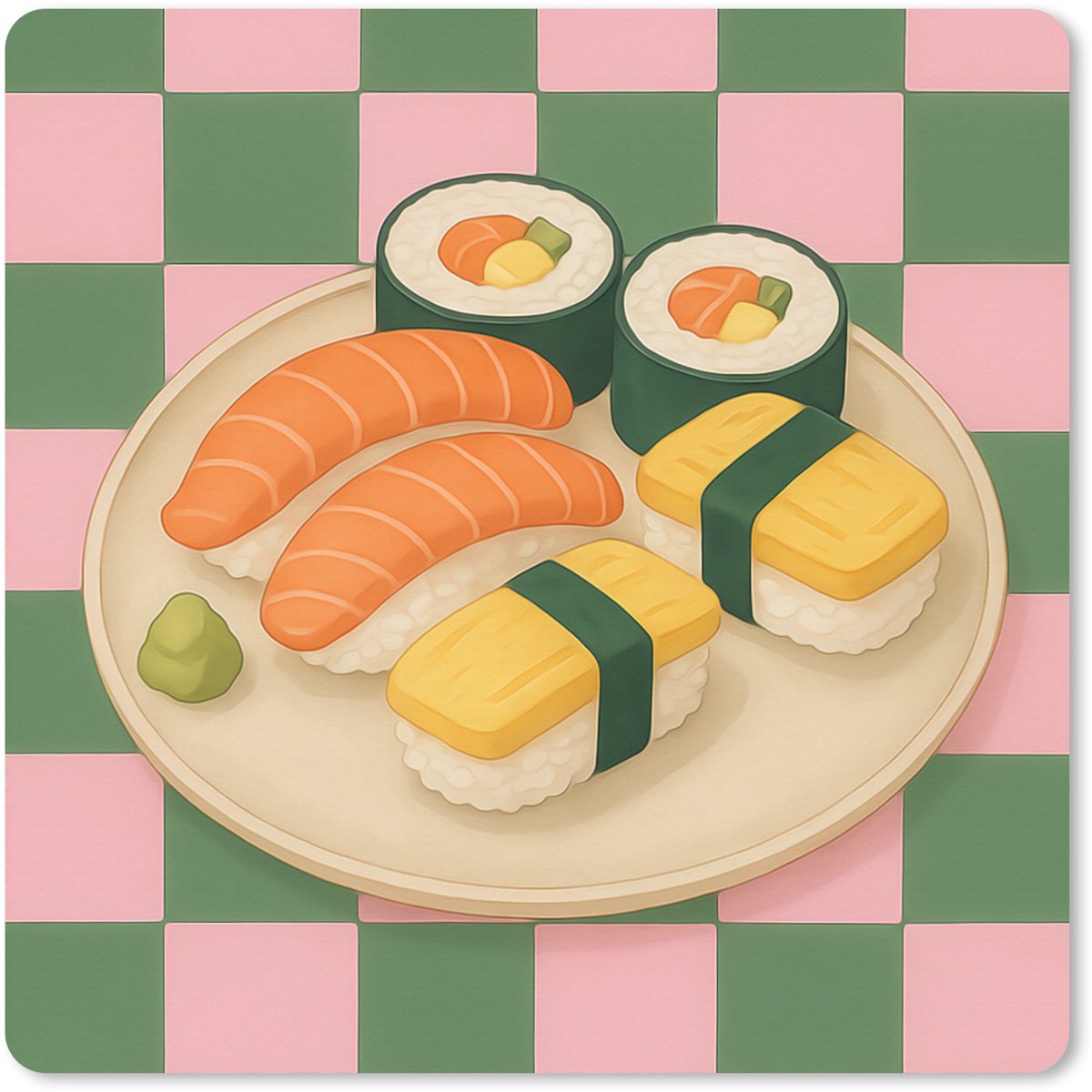Muismat XXL 60x60 cm - Bureau onderlegger - Bureau mat Sushi - Bord - Geblokt - Groen - Bureaumat - Gaming mousepad xl - Bureaulegger groot - Computer deskmat
