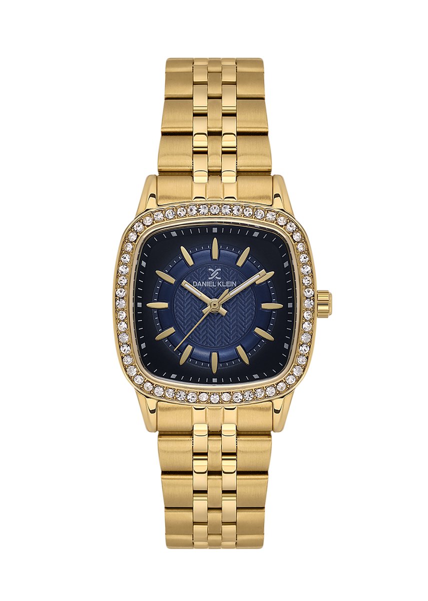 Daniel Klein DK.1.13944-3 - Horloge - Polshorloge - Analoog - Dames - Vrouwen - Stalen band - Afgerond vierkant - Metaal - Streepjes - Goudkleurig - Donkerblauwgrijzig - Zwart - Briljant