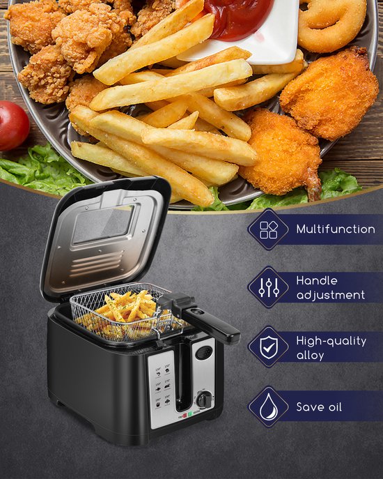 Aigostar frituurpan met diverse gefrituurde snacks zoals kip en friet. Multifunctioneel, verstelbaar handvat.