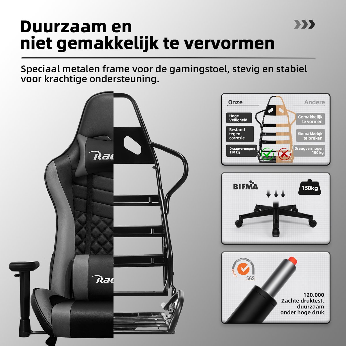 Elekiatech Gaming Stoel Racing Style Grijs/Zwart 150 kg - afbeelding 3