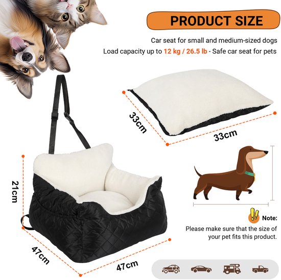 Afmetingen van zwart met wit autostoeltje voor honden: 47x47x21 cm. Inclusief kussen van 33x33 cm. Iconen van auto's, bus, SUV en pick-up truck.