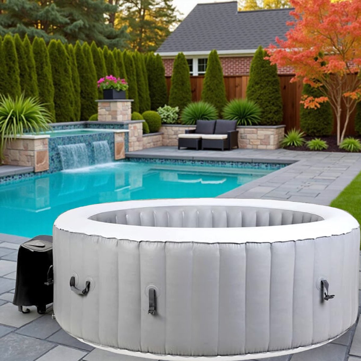 Luxe Opblaasbare Whirlpool 6-Persoons – Ø208cm – 1000L Bubbelbad voor Buiten en Binnen – Rond – 130 Jets – Zelfopblazend – Inclusief Afdekking, Filter & Reparatieset – Grijs