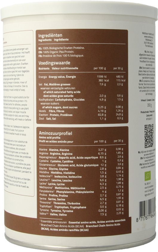 Mattisson - Biologische Erwten Proteïne Poeder - 80% Eiwitgehalte - Vegan Eiwit Supplement - 350 Gram