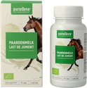 Doos en fles met bruine paard in melk splash. 'Paardenmelk Lait de Jument' op groene band.
