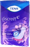Tena Discreet Maxi Night verpakking met opdruk van een bloem en een maandverband, 12 stuks.