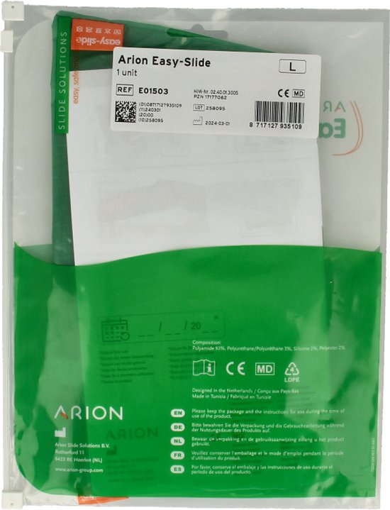 Verpakking van Arlon Easy-Slide aantrekhulp met maatinformatie (L) en CE-markering.