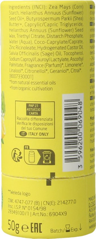 Gele kartonnen verpakking met ingrediëntenlijst en certificeringen.