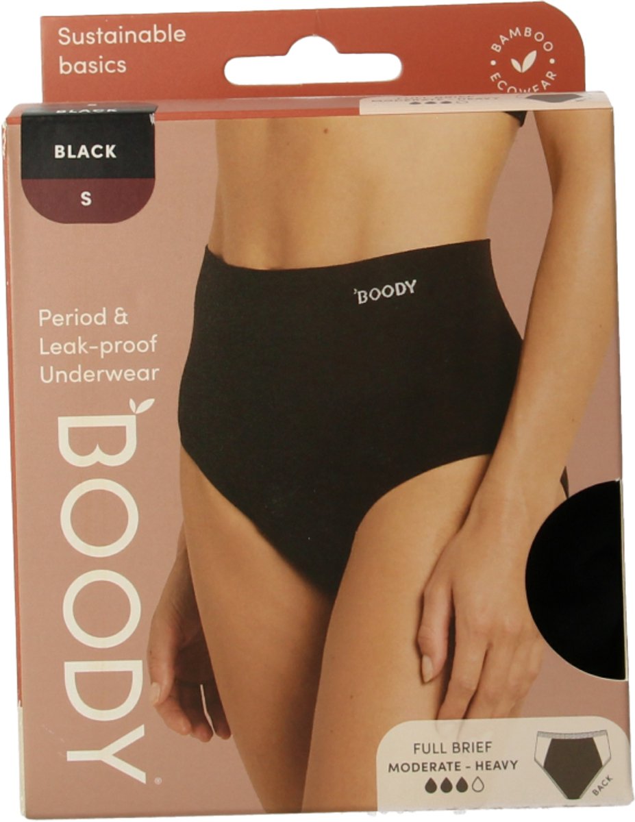 Boody - Bamboe  Full Brief Tailleslip menstruatieondergoed - Zwart - Normaal/Hevig (ca. 15 ml/3 tampons) maat S