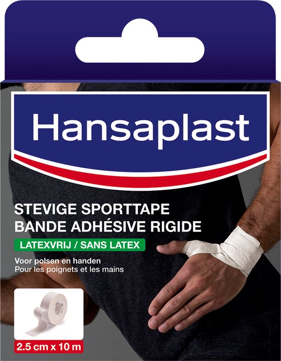 Hansaplast stevige sporttape, 2.5 cm x 10 m, latexvrij, voor polsen en handen.