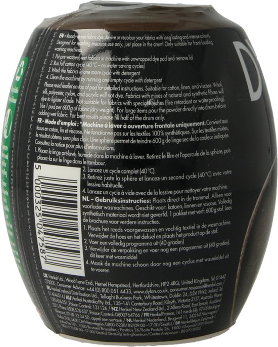 Zijkant van de Dylon Espresso Brown textielverf pod met streepjescode en gebruiksinstructies in het Nederlands en Frans.