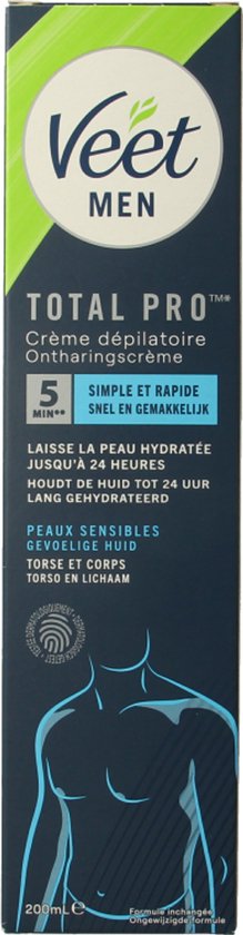 Veet Men Total Pro ontharingscrème. Donkerblauwe doos met groene accenten. Schematische weergave van een mannentorso.