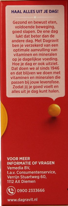 Gele en oranje tekst op rode achtergrond met "Haal alles uit je dag!" en informatie.