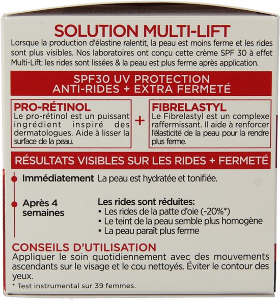 L'Oréal Paris Revitalift crème SPF 30 UV protection, anti-rides, extra fermeté. Pro-rétinol et Fibrelastyl. Resultaten na 4 weken. Gebruiksaanwijzing.