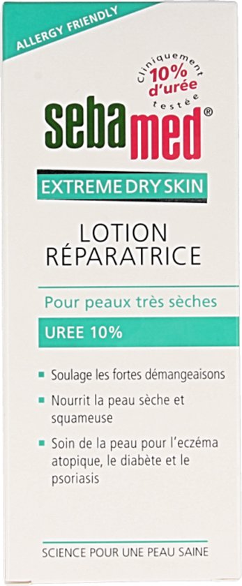 Sebamed Repair Lotion voor extreem droge huid. Witte verpakking met Franse tekst.