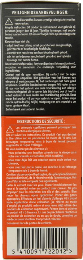 Veiligheidsinstructies en ingrediënten voor haarkleuring.