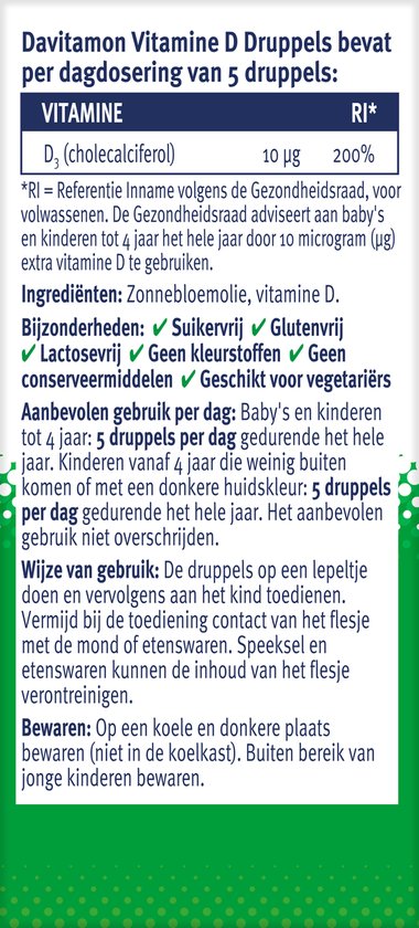 Davitamon Vitamine D Druppels - Vitamine D olie voor baby’s en kinderen - met zonnebloemolie - 100% natuurlijk