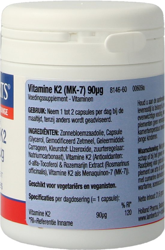 Achterkant van de verpakking met ingrediënten en gebruiksaanwijzing. Lamberts Vitamine K2 (MK-7) 90µg.