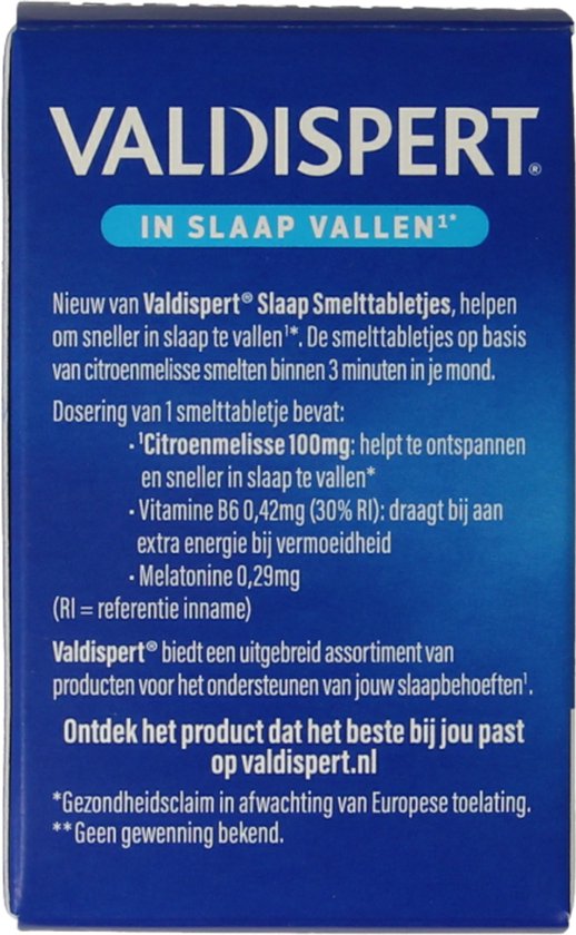 Achterkant Valdispert Slaap Smelttabletjes doosje. Bevat citroenmelisse, vitamine B6 en melatonine. 0,29g melatonine.
