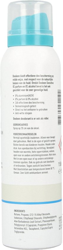 Deoleen 0% Aluminium - Deodorant Sensitive - 24 uur effectieve bescherming - 0% parfum & 0% alcohol - Dermatologisch getest - Anti-witte strepen - 150 ml