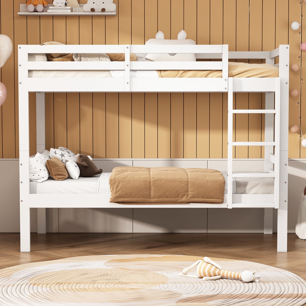 Merax Stapelbed - kinderbed met drietraps hoekladder en valbeveiliging - 2 eenpersoonsbedden - eenpersoonsbed - wit - 90x200 cm - zonder matras
