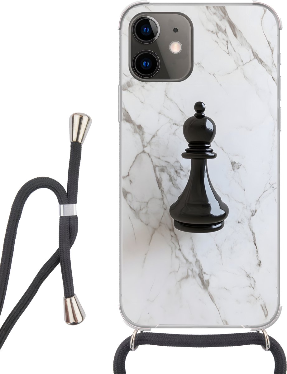 Telefoonhoesje Geschikt voor iPhone 12 - Schaakstuk - Loper - Zwart - Marmer print - Siliconen - Crossbody - Backcover met Koord - Telefoonhoesje met koord - Hoesje met touw Telefoonhoesje