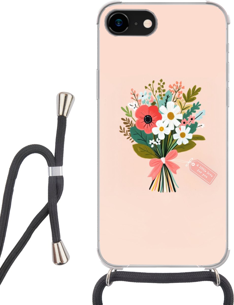 Telefoonhoesje Geschikt voor iPhone 8 - Boeket - Strikje - Kaartje - Quote - Siliconen - Crossbody - Backcover met Koord - Telefoonhoesje met koord - Hoesje met touw Telefoonhoesje