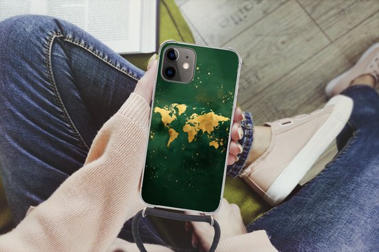 Étui de téléphone Convient pour iPhone 11 - Wereldkaart - Vert - Goud - Siliconen - Crossbody - Backcover avec Cordon - Étui de téléphone avec cordon - Étui avec corde Étui de téléphone