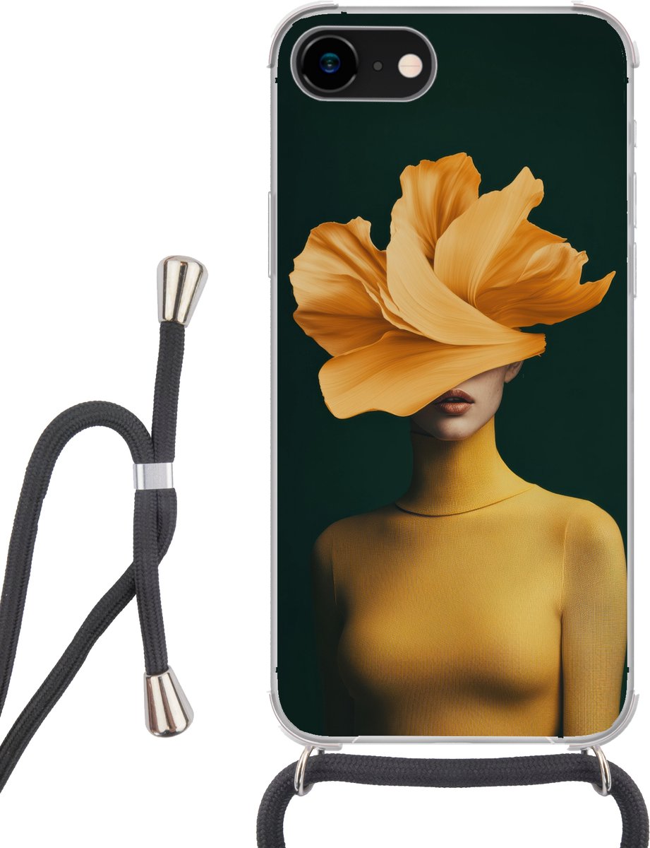 Telefoonhoesje Geschikt voor iPhone SE 2020 - Vrouw - Hoed - Geel - Siliconen - Crossbody - Backcover met Koord - Telefoonhoesje met koord - Hoesje met touw Telefoonhoesje