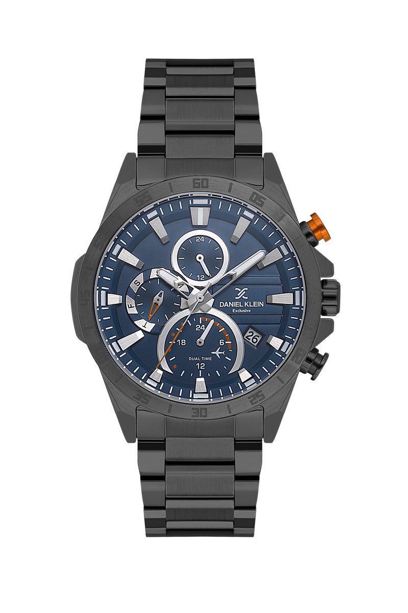 Daniel Klein DK.1.13992-4 - Horloge - Polshorloge - Analoog - Mannen - Heren - Stalen band - Rond - Metaal - Streepjes - Datumaanduiding - Dagaanduiding - Dual Time - Zwart - Donkerblauw - Zilverkleurig - Oranje - Grijs - Wit
