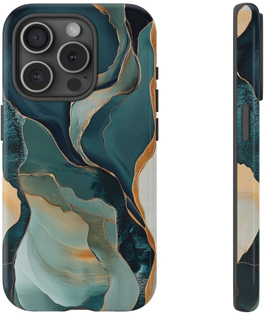 Abstracte Organische Vormen met Gouden Accenten – Telefoonhoesje Geschikt voor iPhone 15 Pro